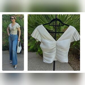 EUC Express Silver V-Neck Short Flutter Sleeves Cropped Top